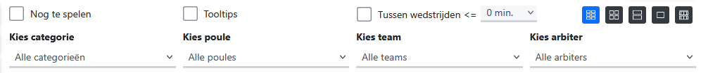 Filters en selectiepanel voor wedstrijdbriefjes in MijnToernooi.info