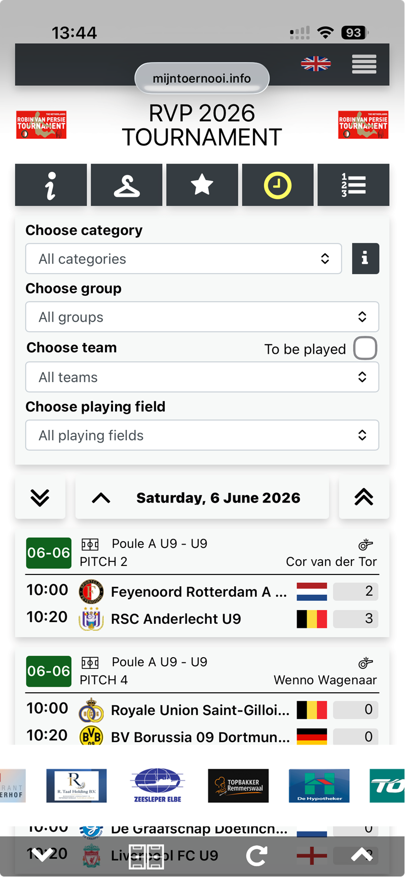 Mobile visitor page with match schedule, team filter and standings