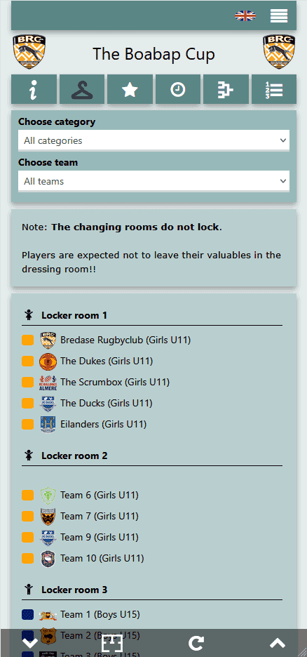 View the rugby tournament changing room allocation in the mobile app for visitors