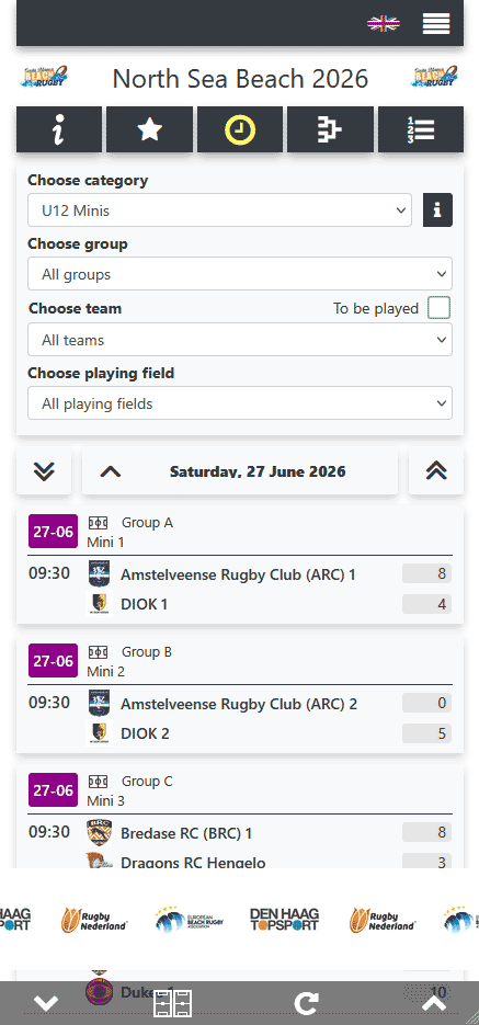 View the rugby tournament match schedule in the mobile app for visitors