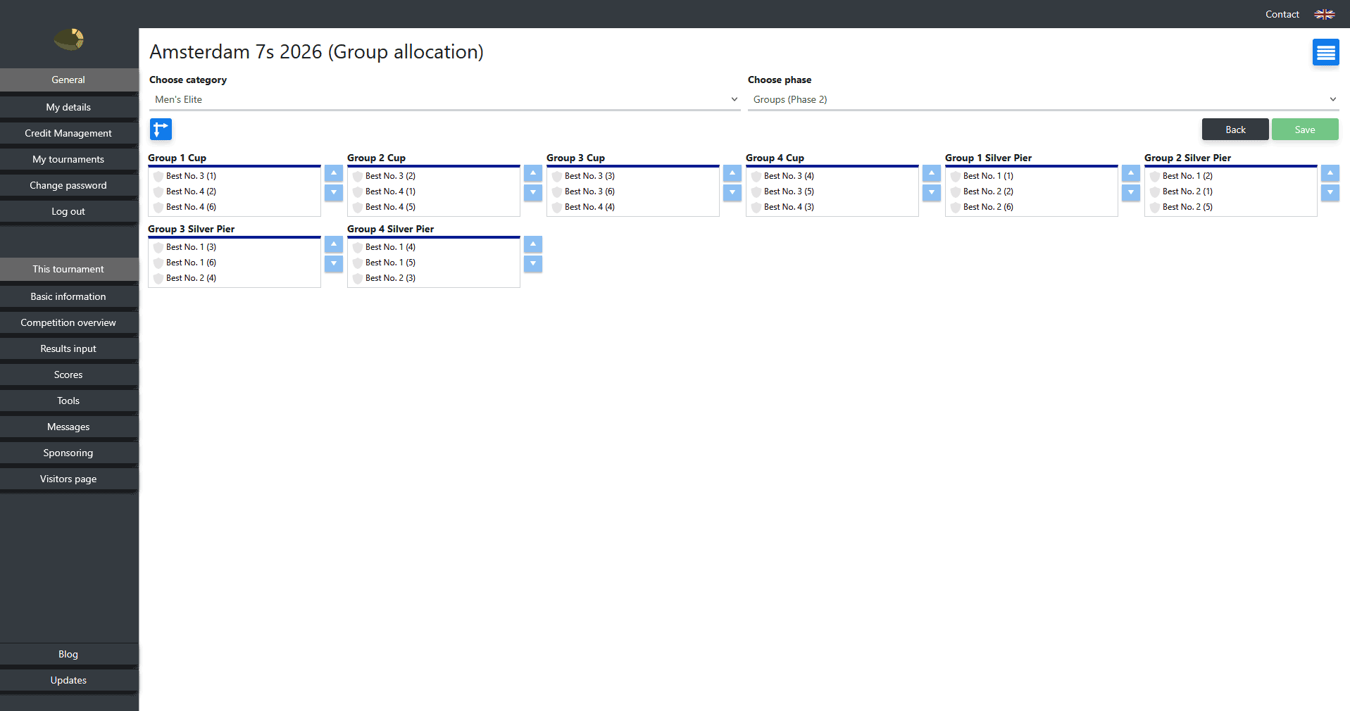 Tournament bracket with pools and finals rounds for Rugby Sevens