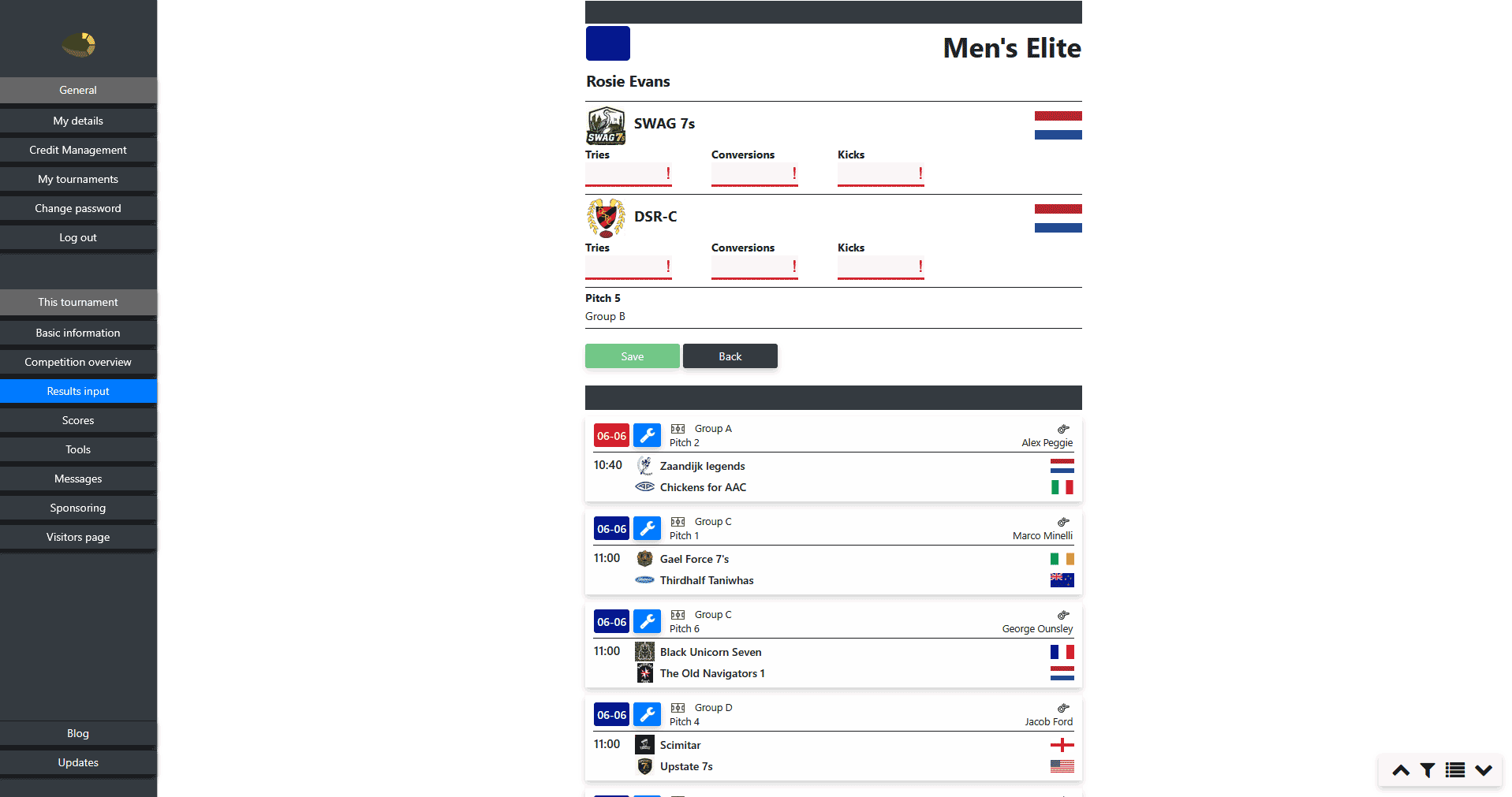 Enter rugby scores in the online tournament software with try, conversion and kicks tracking
