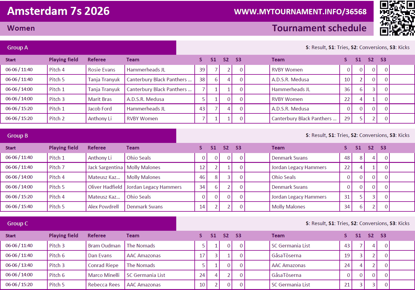 Match schedule per category (A4 landscape)