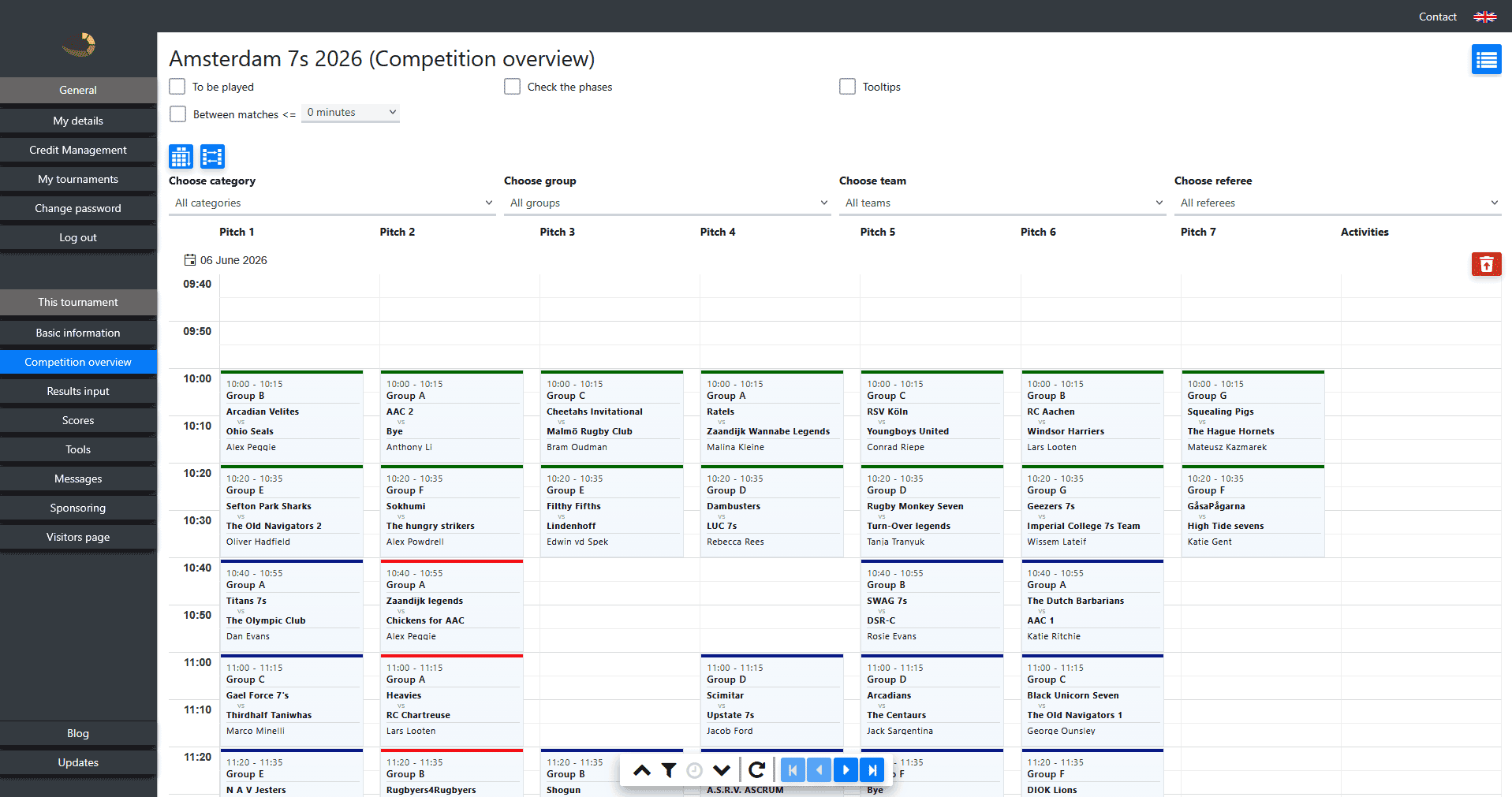 Automatic field planning and match schedule planner for multiple rugby fields