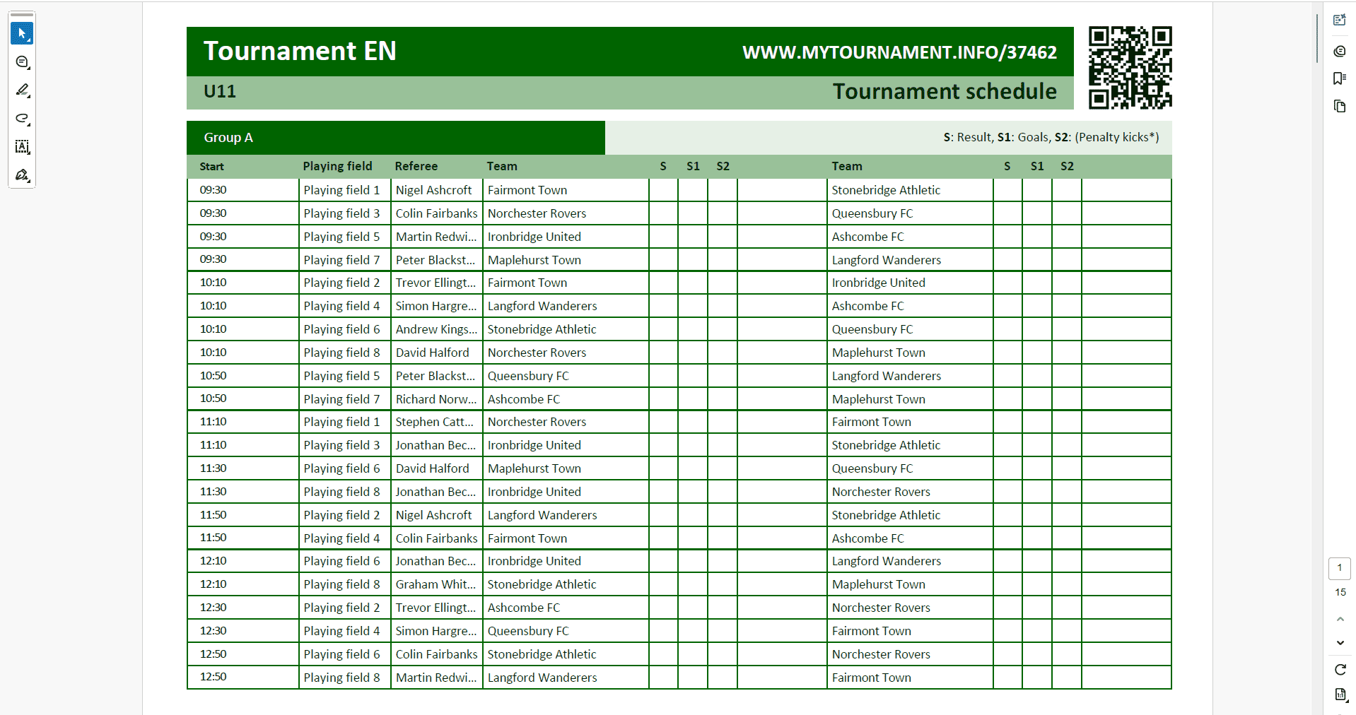 Match schedule report per category