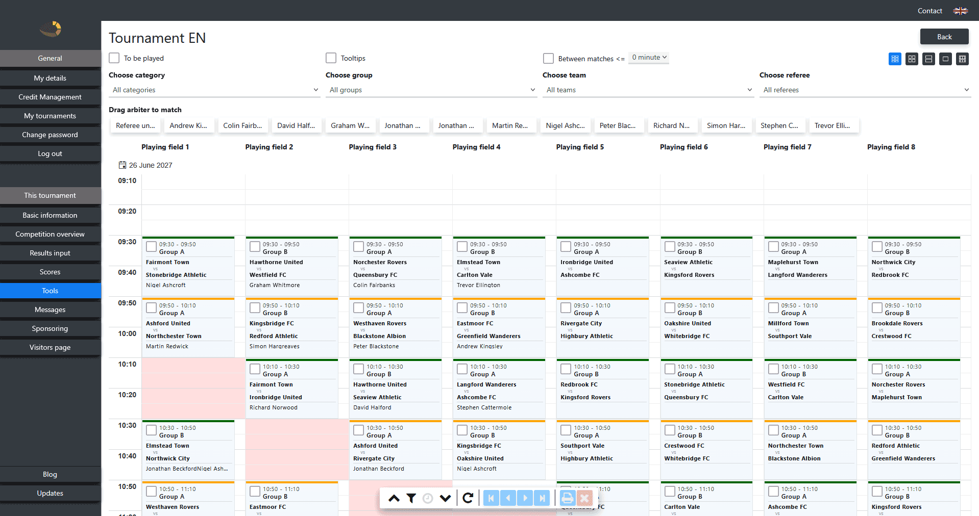 Referee planner and graphical tournament bracket with live progression